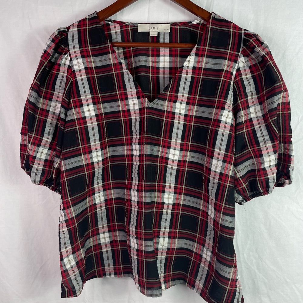 LOFT Women's Puffy Sleeves Seersucker Madras Plaid Top Blouse Size PL Red Black